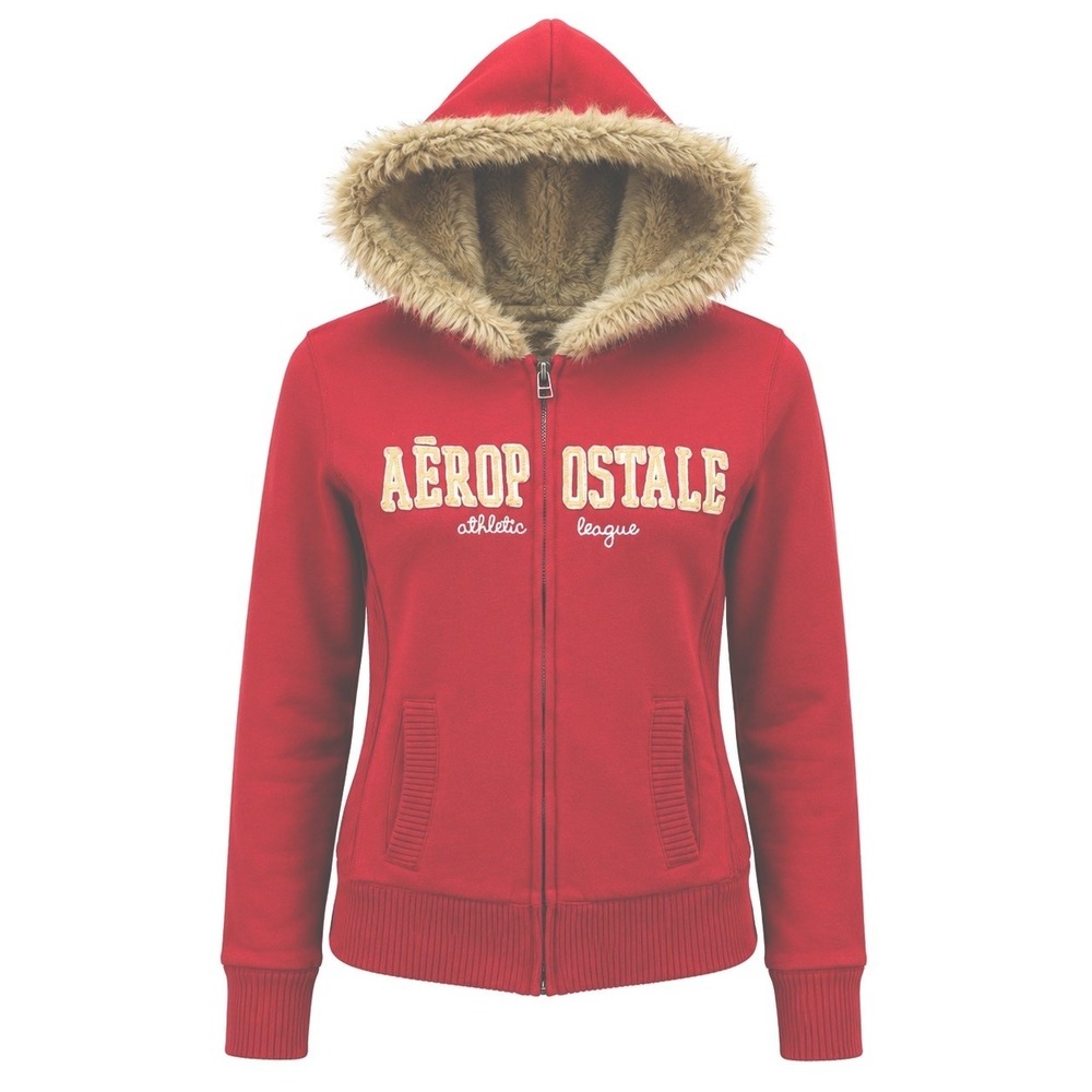 Aeropostale Faux Fur Lined‎ Hoodie Full Zip Jacket Y2K Large Burgundy Fits Small